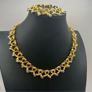 Vintage Two Tone Gold & Silver Scroll Collar Necklace & Bracelet Set